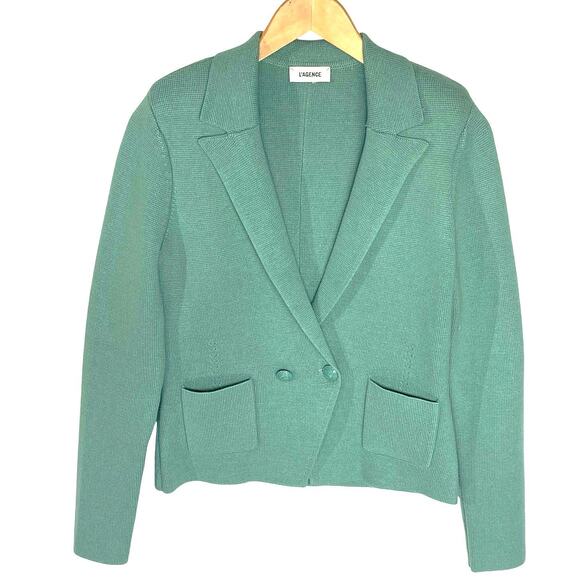 L’AGENCE Women’s Sophia Knit Pocket front Double Button Blazer Green - Picture 2 of 8
